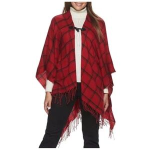 Chaps Red & Black Windowpane Plaid Cape/Shawl One Size